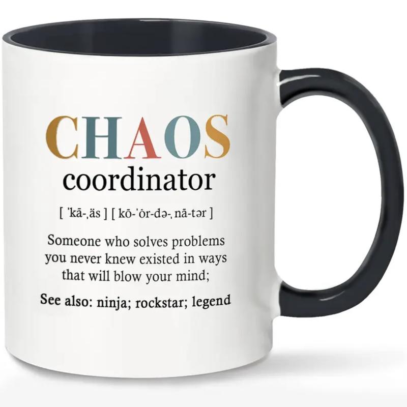 Chaos Coordinator Letter Pattern Coffee Mug, Double Side Print Ceramic Drinking Cup with Handle for Home Office Use, Thank You Gift for Teacher Coworker