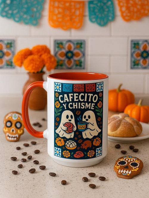 Cafecito y Chisme Coffee Cup 15oz Holiday Ghost Concha Pan Dulce Ceramic Mug Dia De Los Muertos Funny Holiday Gift for Latina Mom Abuelita Dishwasher Microwave Safe Unique Design
