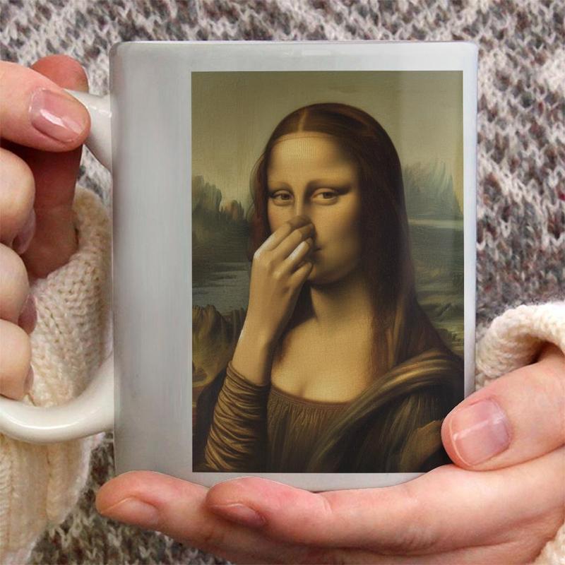 Piece Mimics Mona Lisa Covering Her Nose Vintage Stink coffee mug, Parody Artwork Cup, 11oz 15oz Ceramic Mug, Hilarious Coffee Mug, Friend, Funny Christmas Coffee Mug, Gag Gift, Printed in the USA