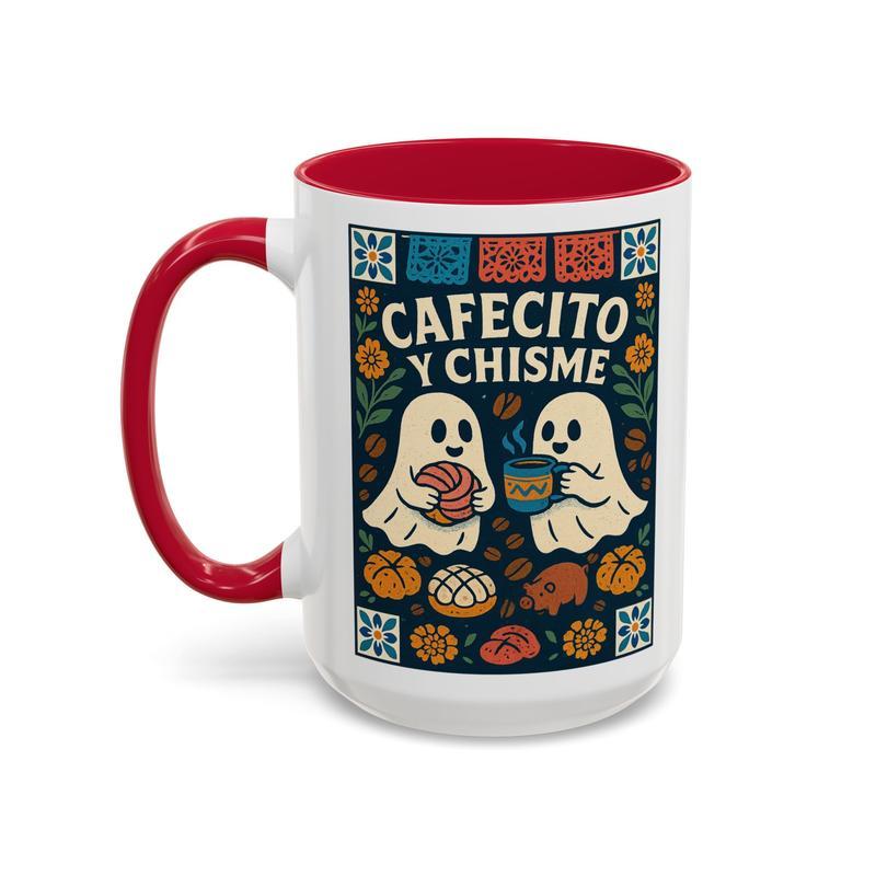 Cafecito y Chisme Coffee Cup 15oz Holiday Ghost Concha Pan Dulce Ceramic Mug Dia De Los Muertos Funny Holiday Gift for Latina Mom Abuelita Dishwasher Microwave Safe Unique Design